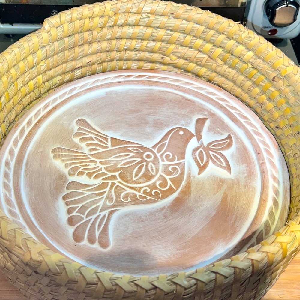 Handmade GlobeIn basket w/ terracotta stone bread and tortilla warmer